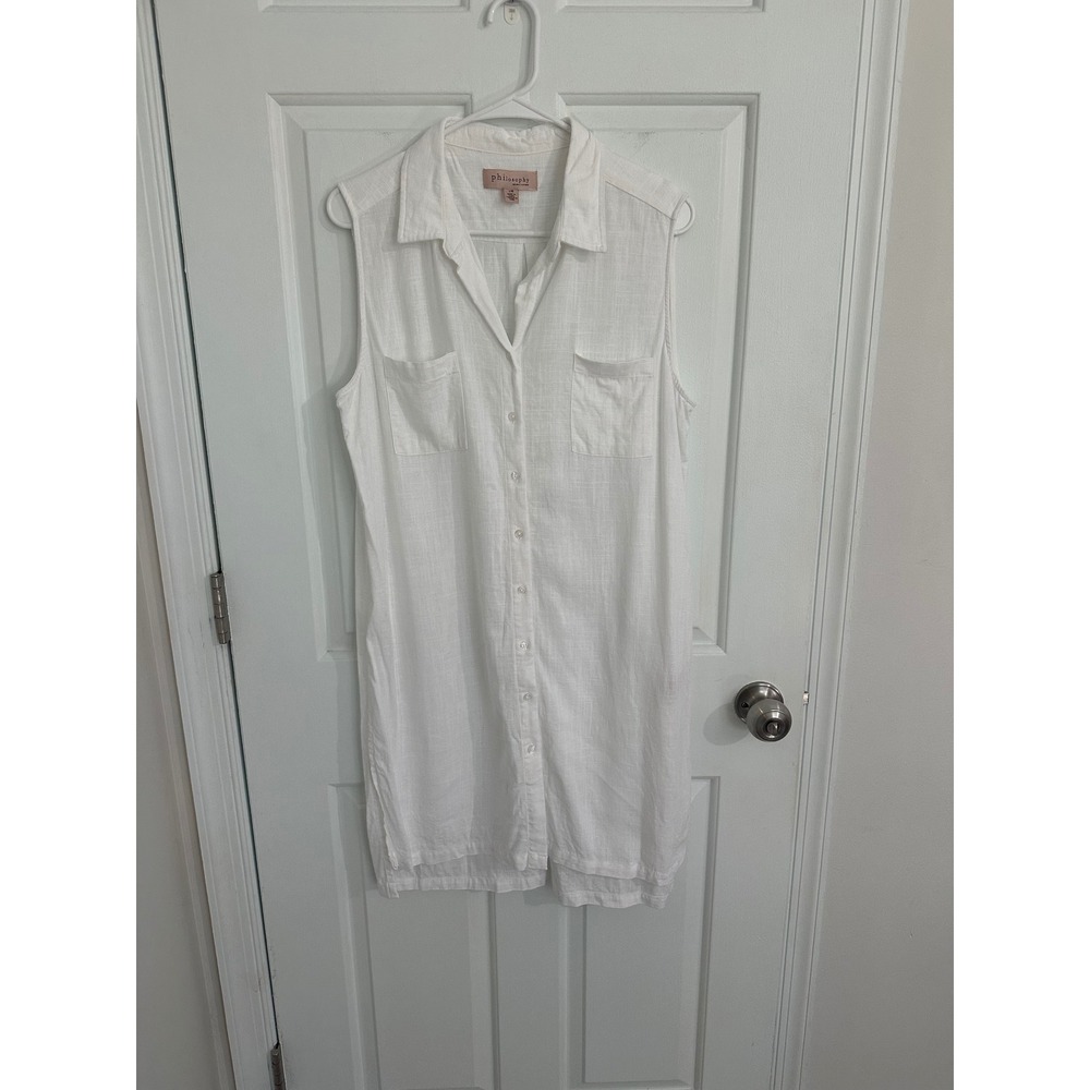 Philosophy Sleeveless Shirt Dress White Button Down Rayon‎ Linen Blend L/G